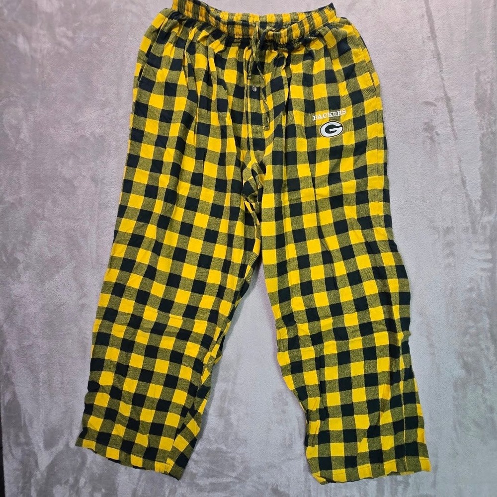 Green Bay Packers Pajama Pants Yellow Black Buffalo Plaid Lounge Bottoms Mens L